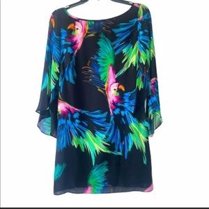 Milly Silk Tropical Parrot Dress with Butterfly Sleeves.
